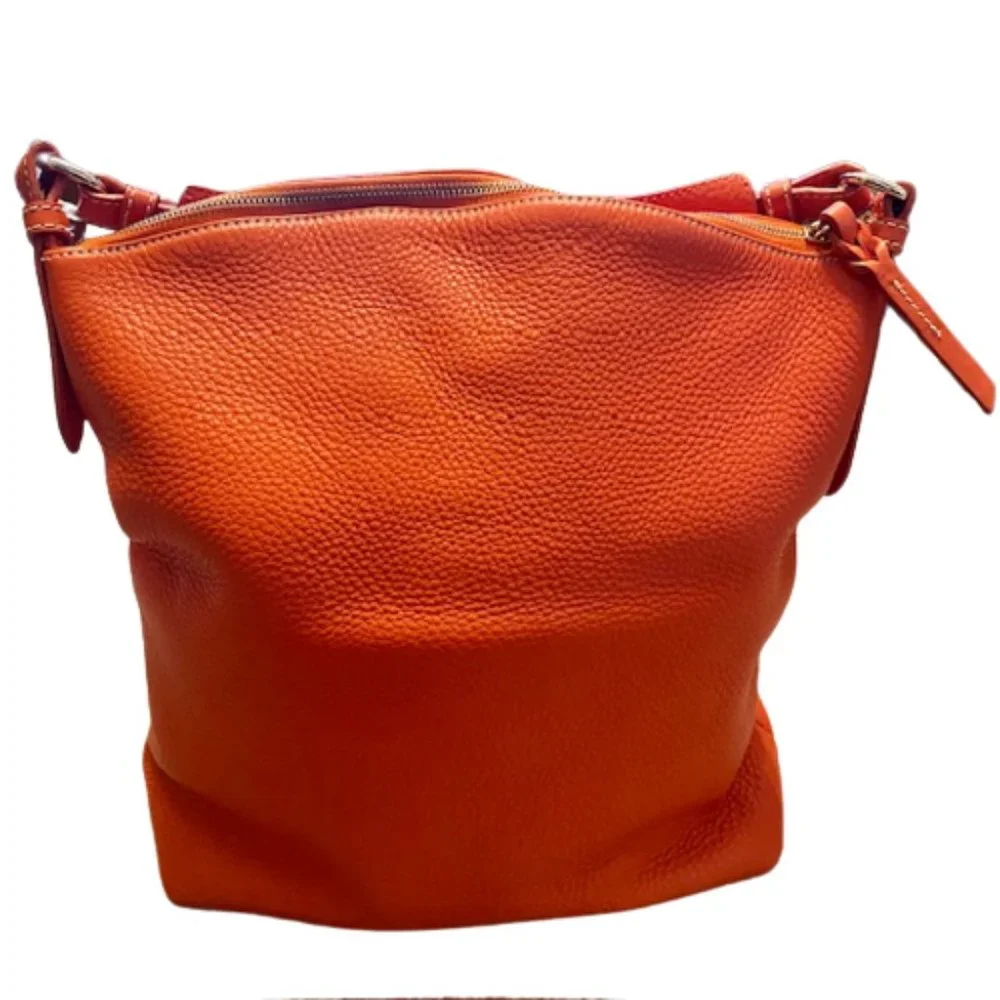 Dooney & Bourke Dillen Medium Two Pocket  Orange Pebbled Leather Shoulder Bag - Picture 3 of 8